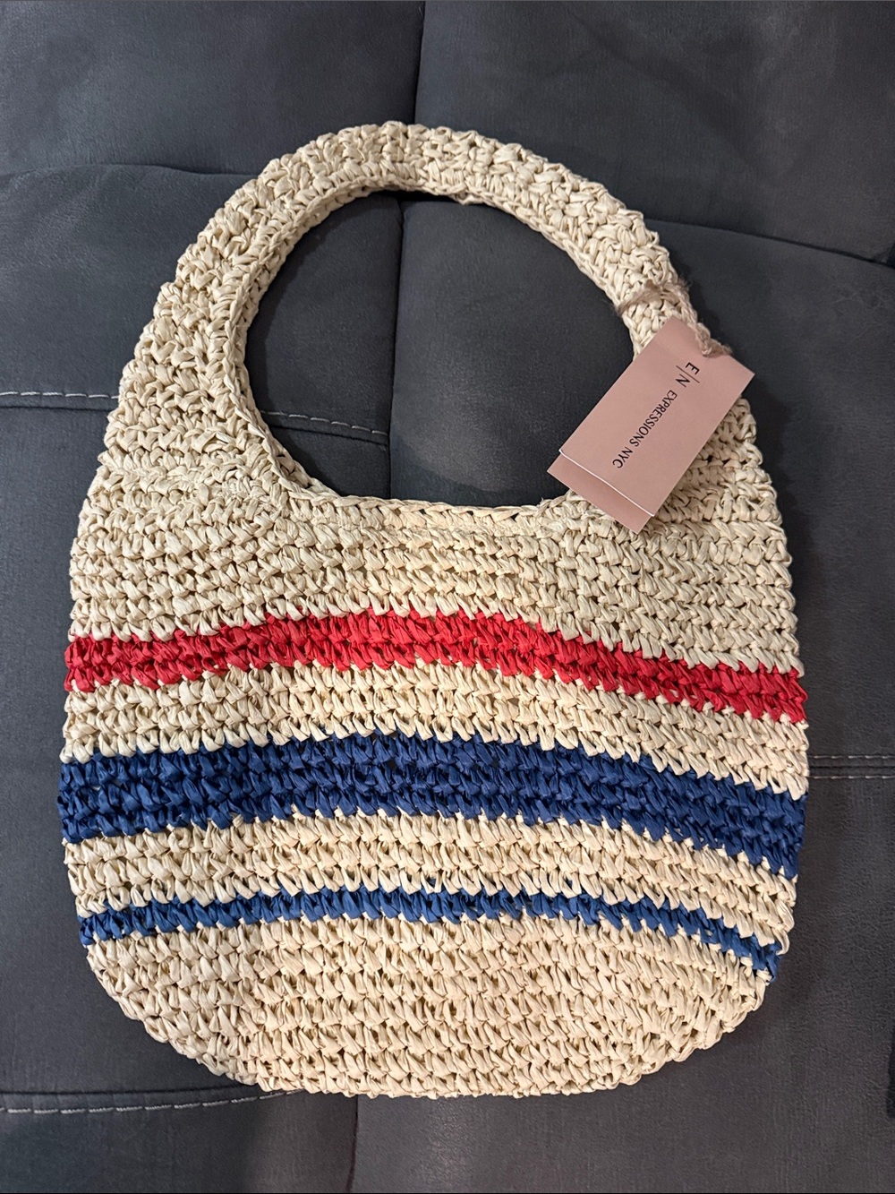 Woven Cream Shoulder Bag with Red and Blue Stripes